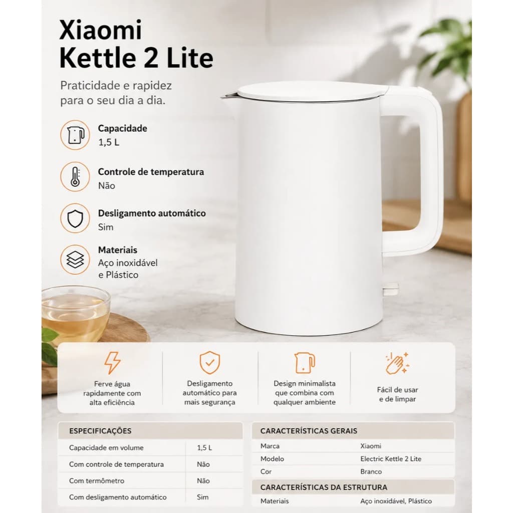 Chaleira Elétrica Xiaomi Kettle 2 Lite 1,5l Inox