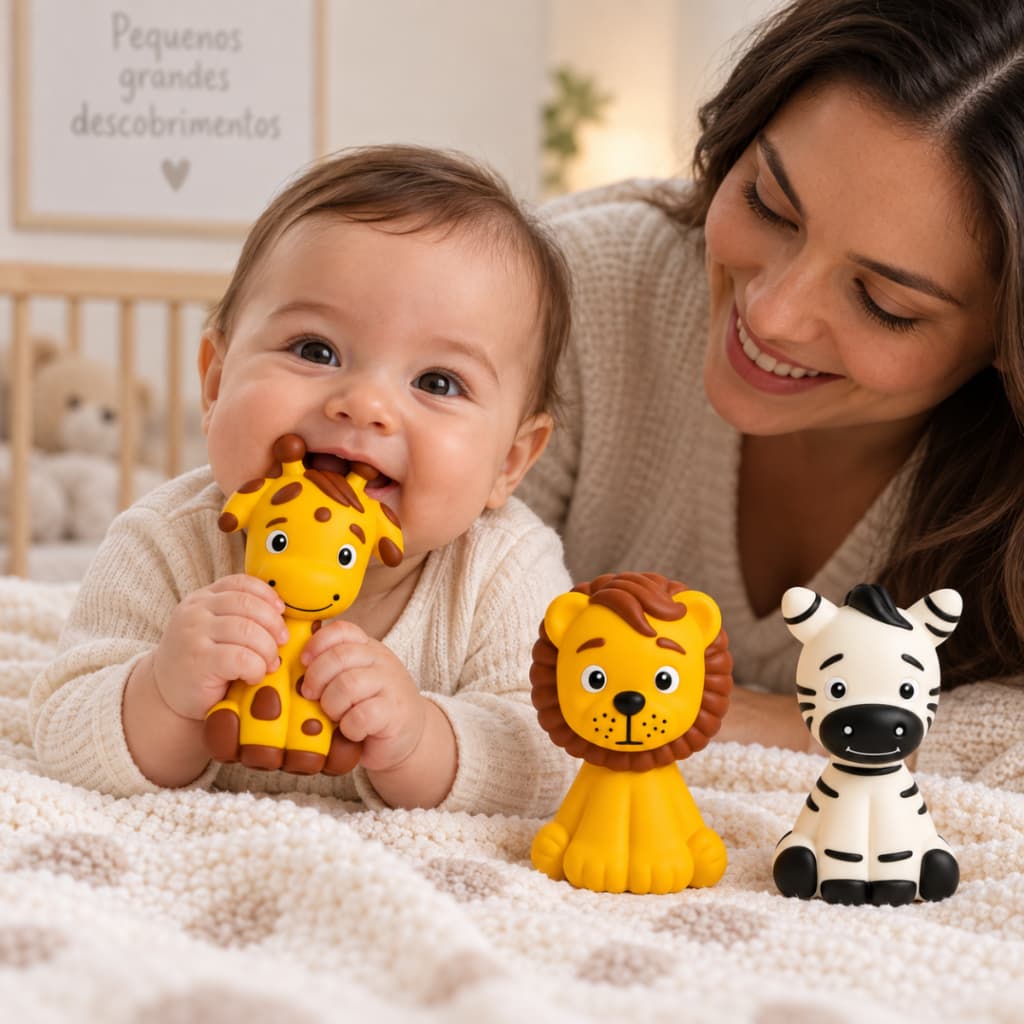 Kit 3 Mordedores Bebê Látex Natural Textoy Pintado à Mão Sensorial Dentição BPA Free 3+ Meses INMETRO
