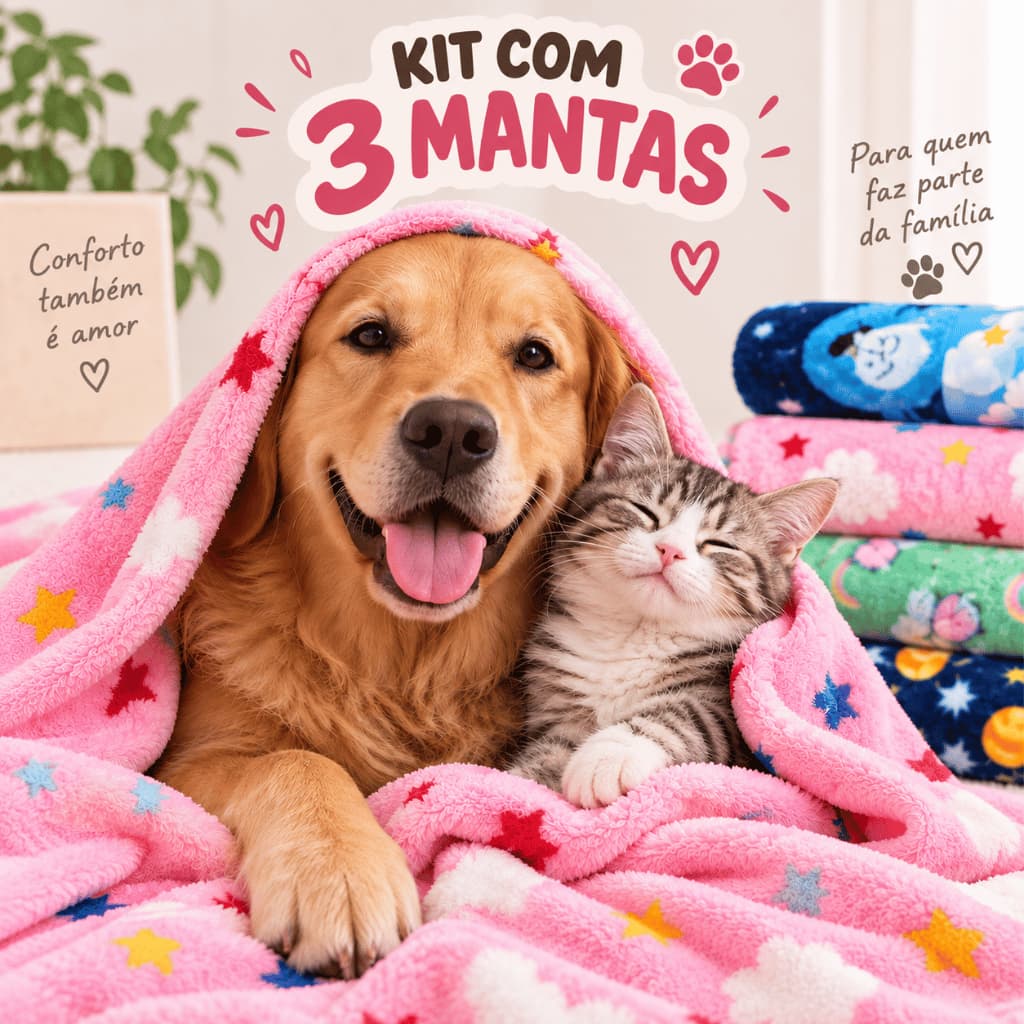 Kit 3 Mantas para Pet de Microfibra Cobertor Cachorro Gato Estampadas Sortidas