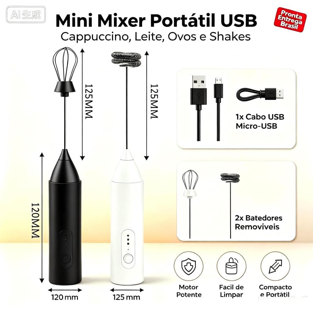 Batedor Mixer Elétrico Portátil USB Recarregável, Prepara Cappuccino, Leite Cremoso, Ovos, Shakes e Bebidas