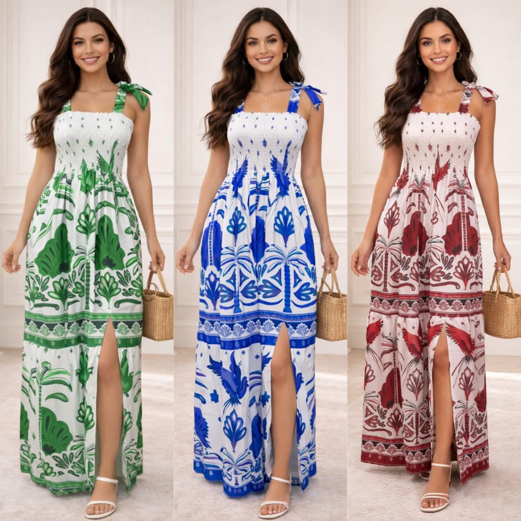 Vestido Longo Alça De Amarrar Ajustavel Estampa Tropical com Lastex Fenda Tamanho Único, Moda Verão