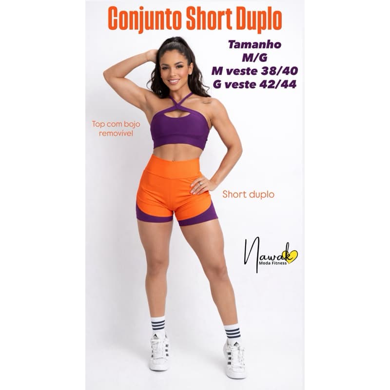 Conjunto Short duplo Top com bojo removível Malha Suplex, Moda Fitness Para Academia