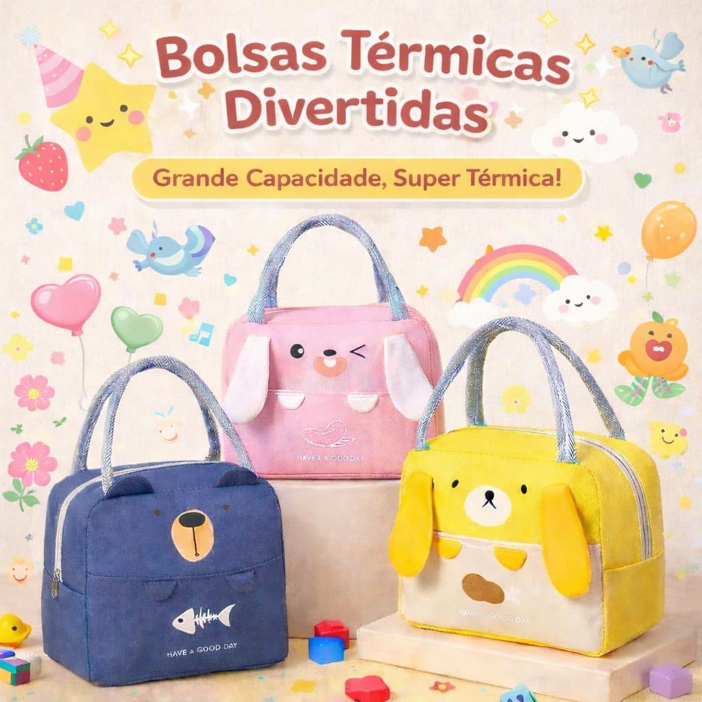 Bolsa Lancheira Térmica Porta Marmita Infantil | Isolamento Térmico | Design Fofo com Orelhinhas | Grande Capacidade