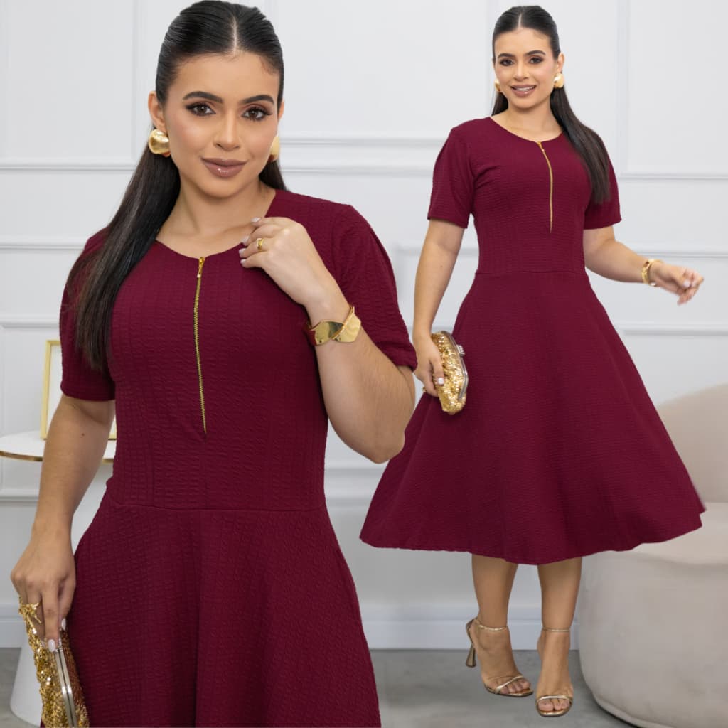 Vestido Midi Gode Modelo Taina Tecido Bubble Com Zíper e  Bolso