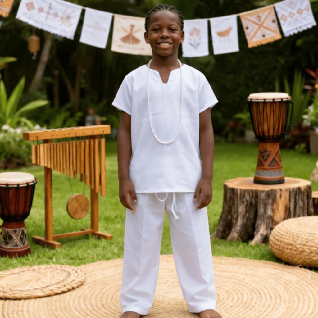 Conjunto Infantil Branca Menino Raçao Candomblé Umbanda Masculino 2- Peças Bata e Calça Luxo Premium