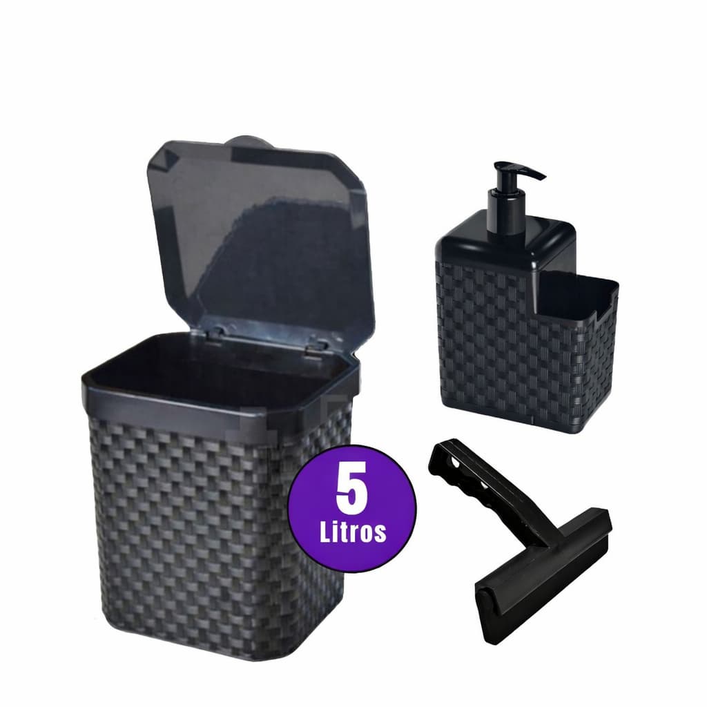 Kit Lixeira Pia 5 Litros + Porta Detergente Sabão + Rodinho de Pia Kit Cozinha 2/3 Peças