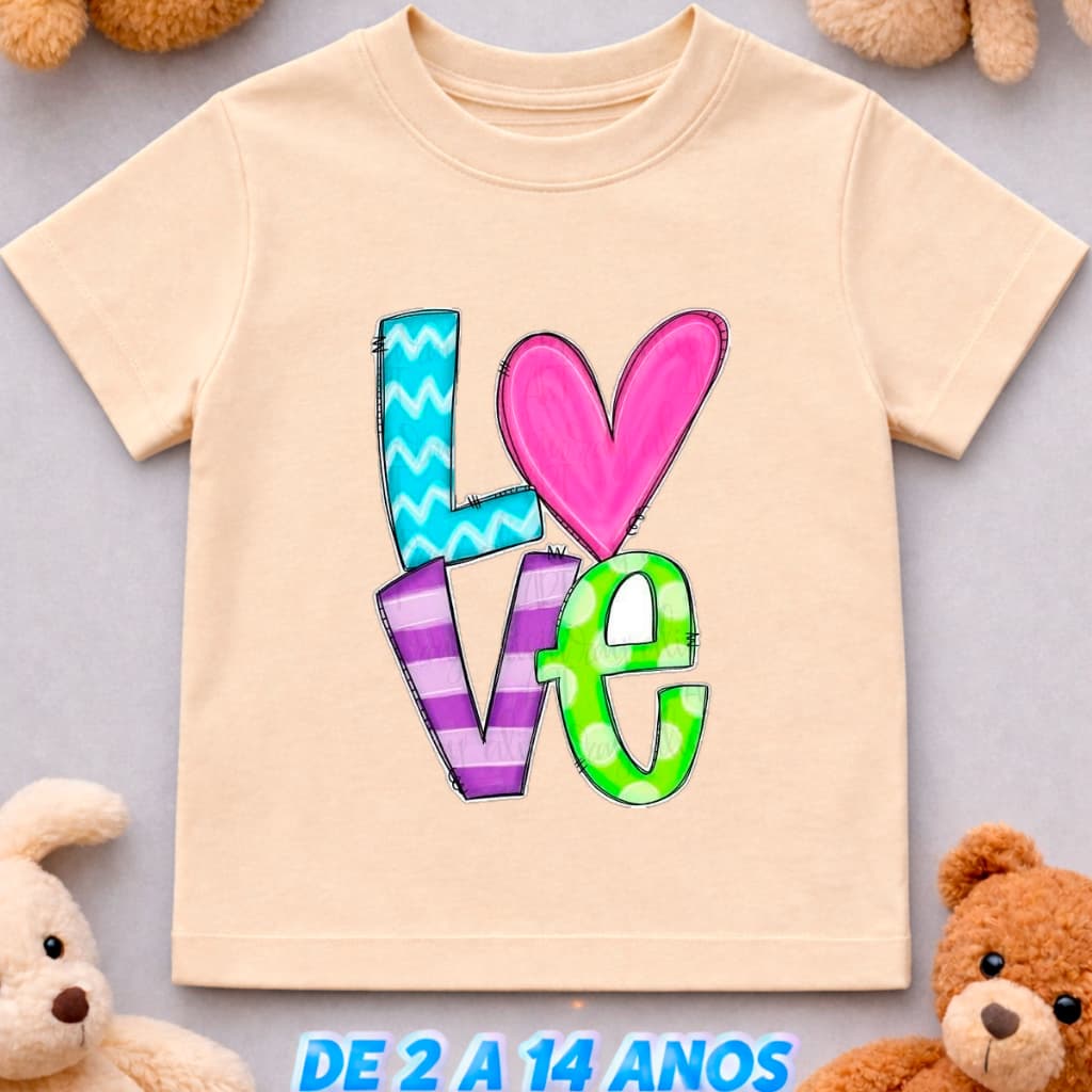 Camiseta Infantil Juvenil Love Escrito Coração Algodão Conforto Diário Menina Unissex