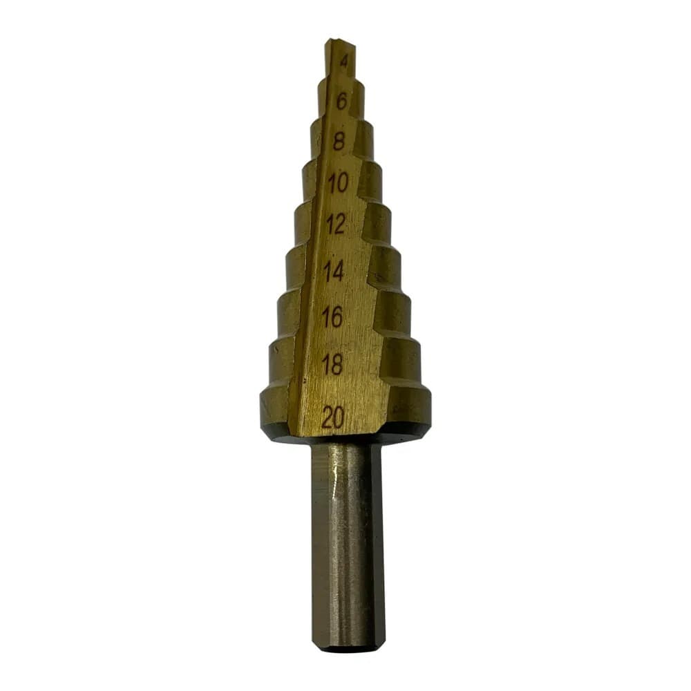 Broca Escalonada 4 a 20mm Fertak HSS Titânio Para MetalBROCA Madeira e PVC Encaixe 1/4