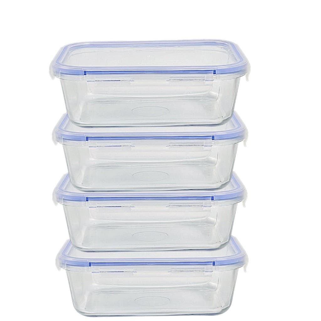 Kit Potes Marmita de Vidro Retangular com tampa Hermética 4 travas 640ML