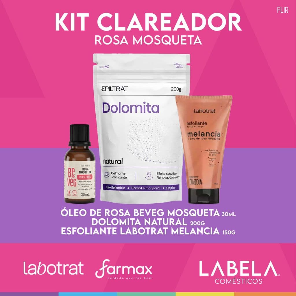 Clareador de Manchas e Áreas Escuras Dolomita Natural 200g Esfoliante de Melancia 150g e Óleo de Rosa Mosqueta 30ml