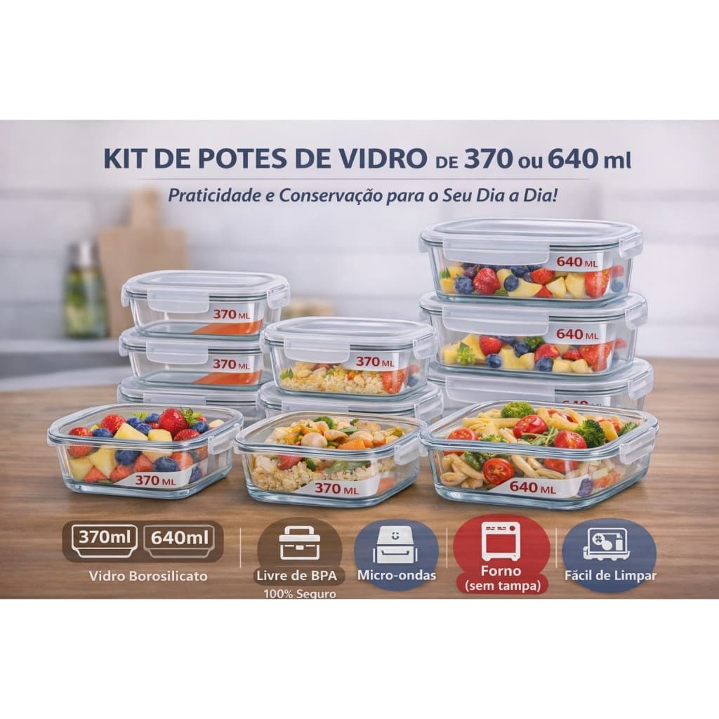 Conjunto Potes Vidro Hermético Mantimentos Marmita 370/640