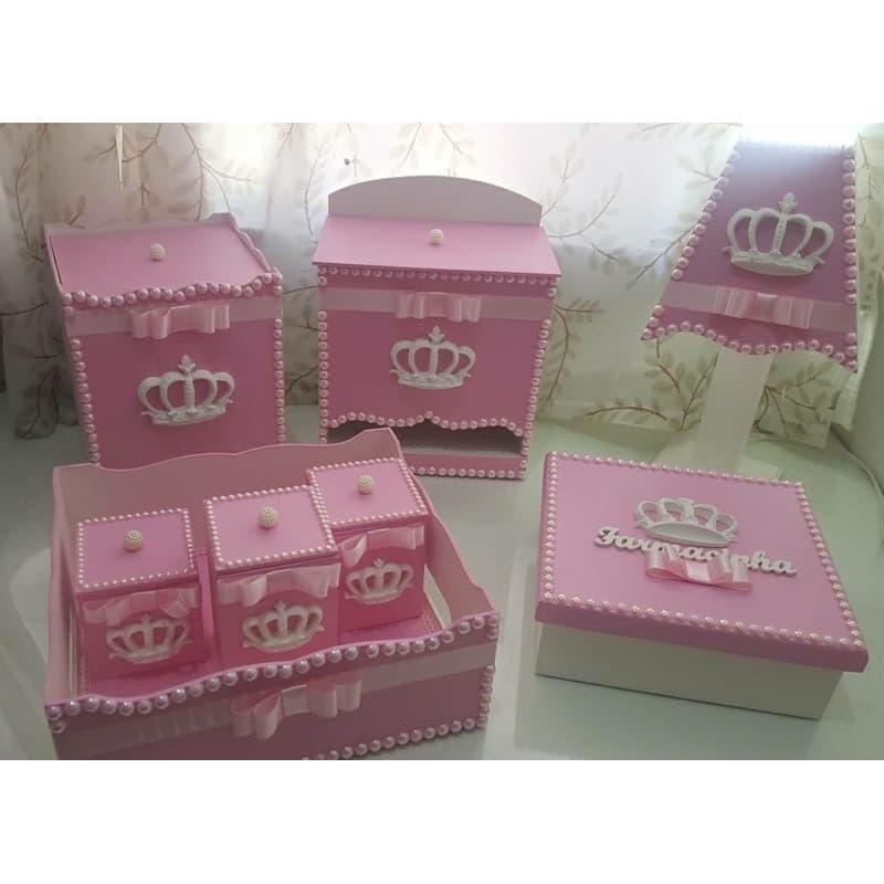 KIT HIGIENE MENINA ROSA 8 PECAS COMPLETO PÉROLAS KIT HIGIENE BEBÊ TEMA COROA
