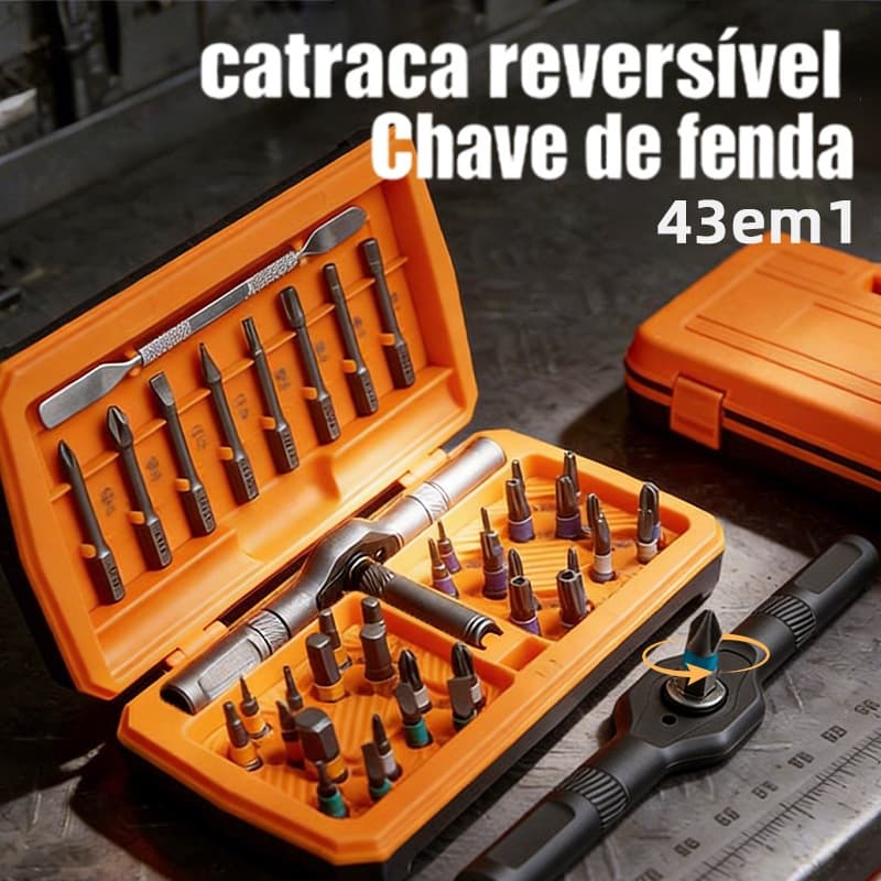 Kit de Ferramentas com 43 e 1 Peças + Maleta com Jogo de Soquete Reversível Catraca | Conjunto de Chaves
