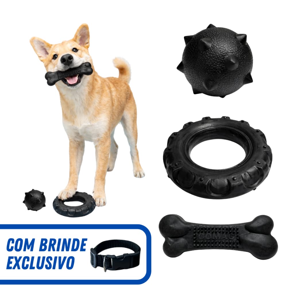 Mordedores Grande Para Cães Osso Pneu Bola Brinquedo Reduz Estresse ou Kit + Coleira ENVIO IMEDIATO