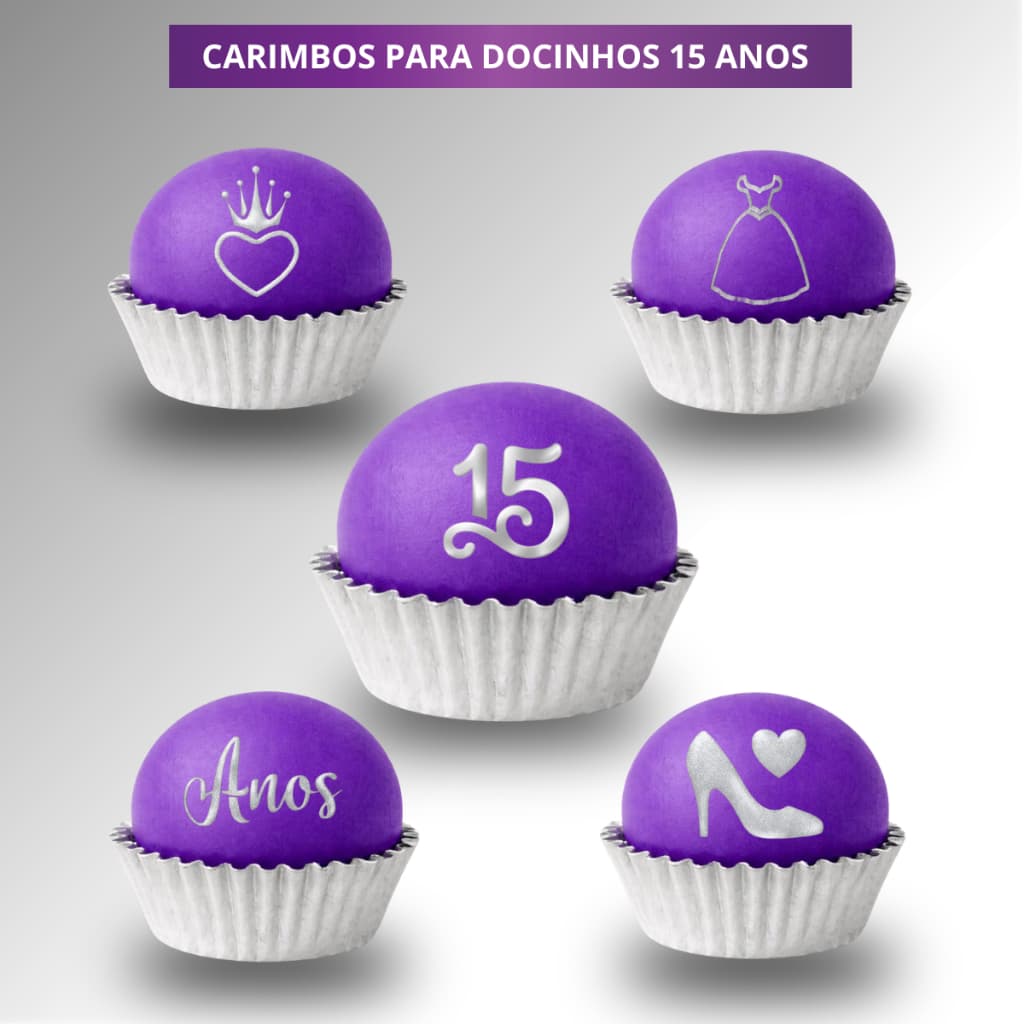 Kit Carimbos para Docinhos 15 Anos Tema Debutante Coroa Vestido Salto Alto Número 15 e Palavra Anos