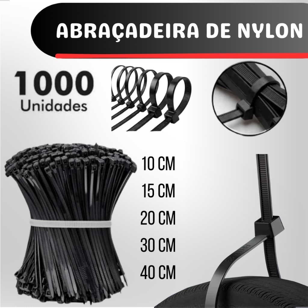 Kit 1000 Mil Abraçadeira de Nylon Cinta Plástica Enforca Gato Branco Preto 10cm 15cm 20cm 30cm 35cm
