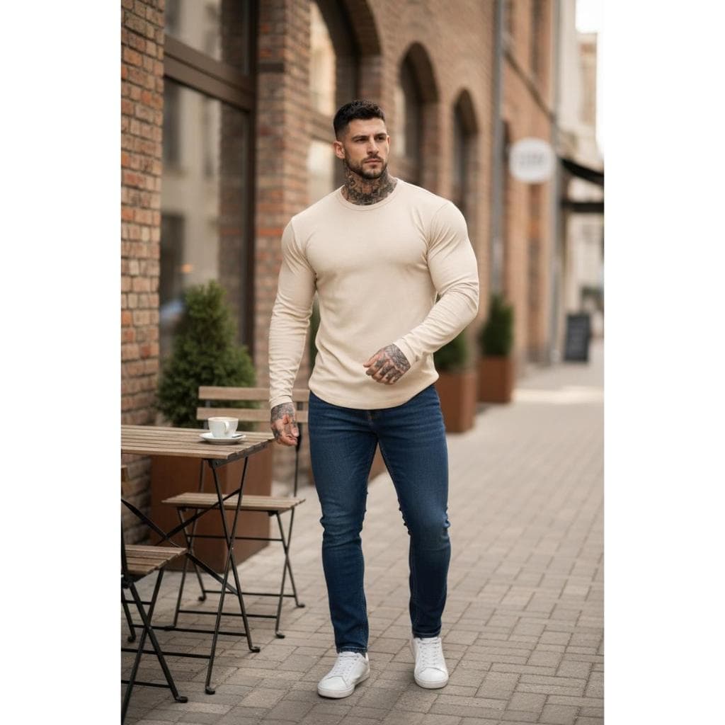 Camiseta manga longa canelada Slim justa ao corpo estilo americano canelado premium