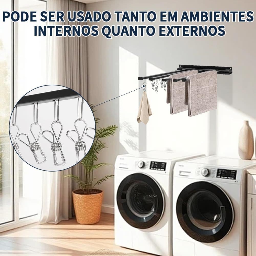 Varal de parede dobrável preto com três barras, 30cm*36cm, com prendedores