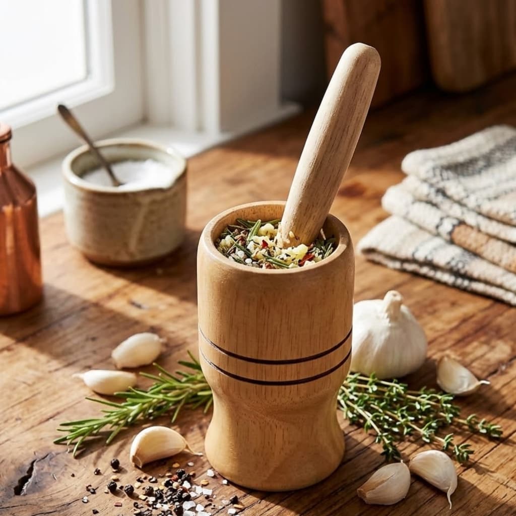 Pilão De Madeira Pinus Com Socador 12cm x 5cm Para Alho E Temperos