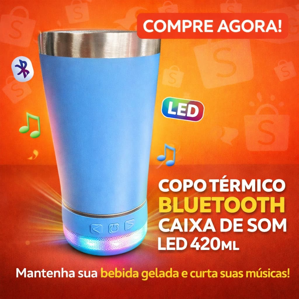 Copo Térmico Bluetooth com Caixa de Som LED 420ml Azul Tampa Abridor Portátil Festa Praia