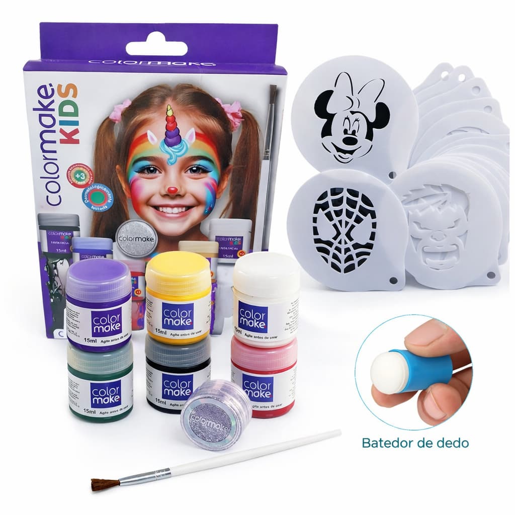 16 Stencil Pintura Facial + Batedor + 6 Tintas Pincel Glitter Pintura Facial Rosto Infantil