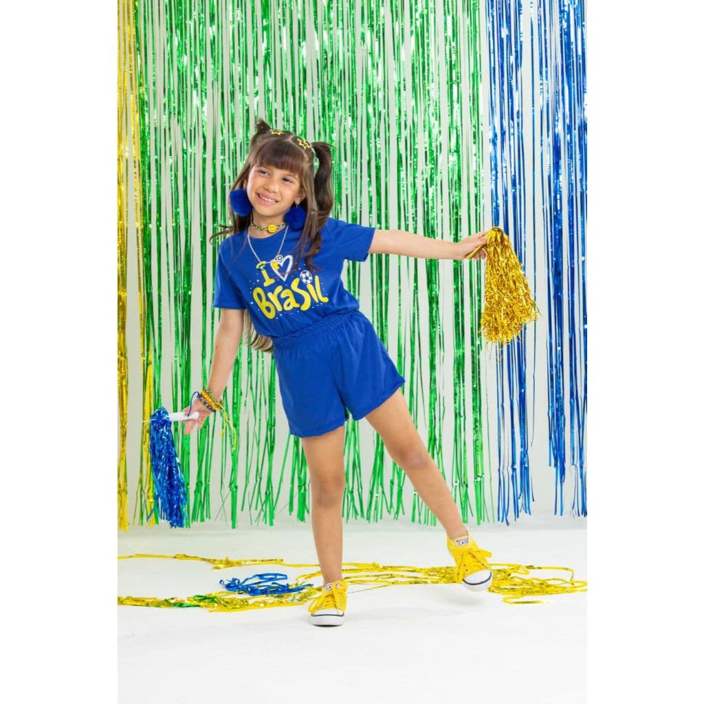 Conjunto Infantil Feminino Temático Tema Brasil Look Feminino para Meninas Amarelo Verde e Azul para torcer tema Futebol