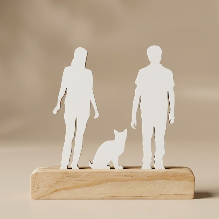 Enfeite de Mesa Totem Branco Placa Silhueta Familia e Pet Decoração em MDF Minimalista Moderna Vintage