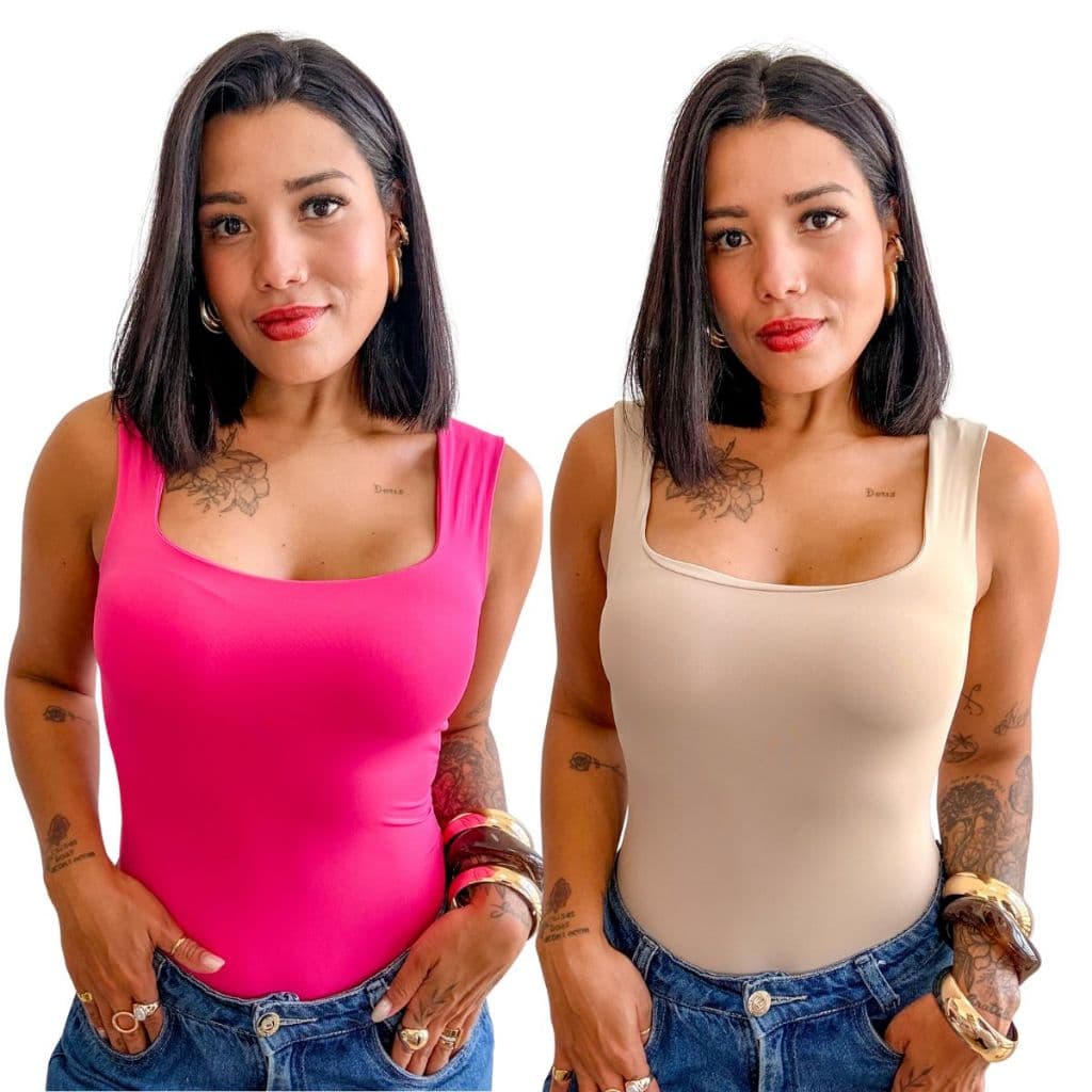 Kit 2 Body Blusa Feminina Decote Quadrado Poliamida Forrado Moda Blogueira