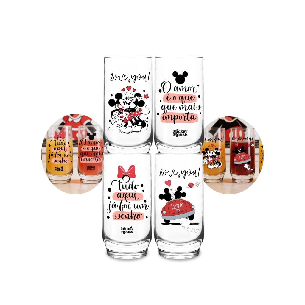Kit 4 Copos Vidro Temáticos Mickey e Minnie 300ml Love Decorativo