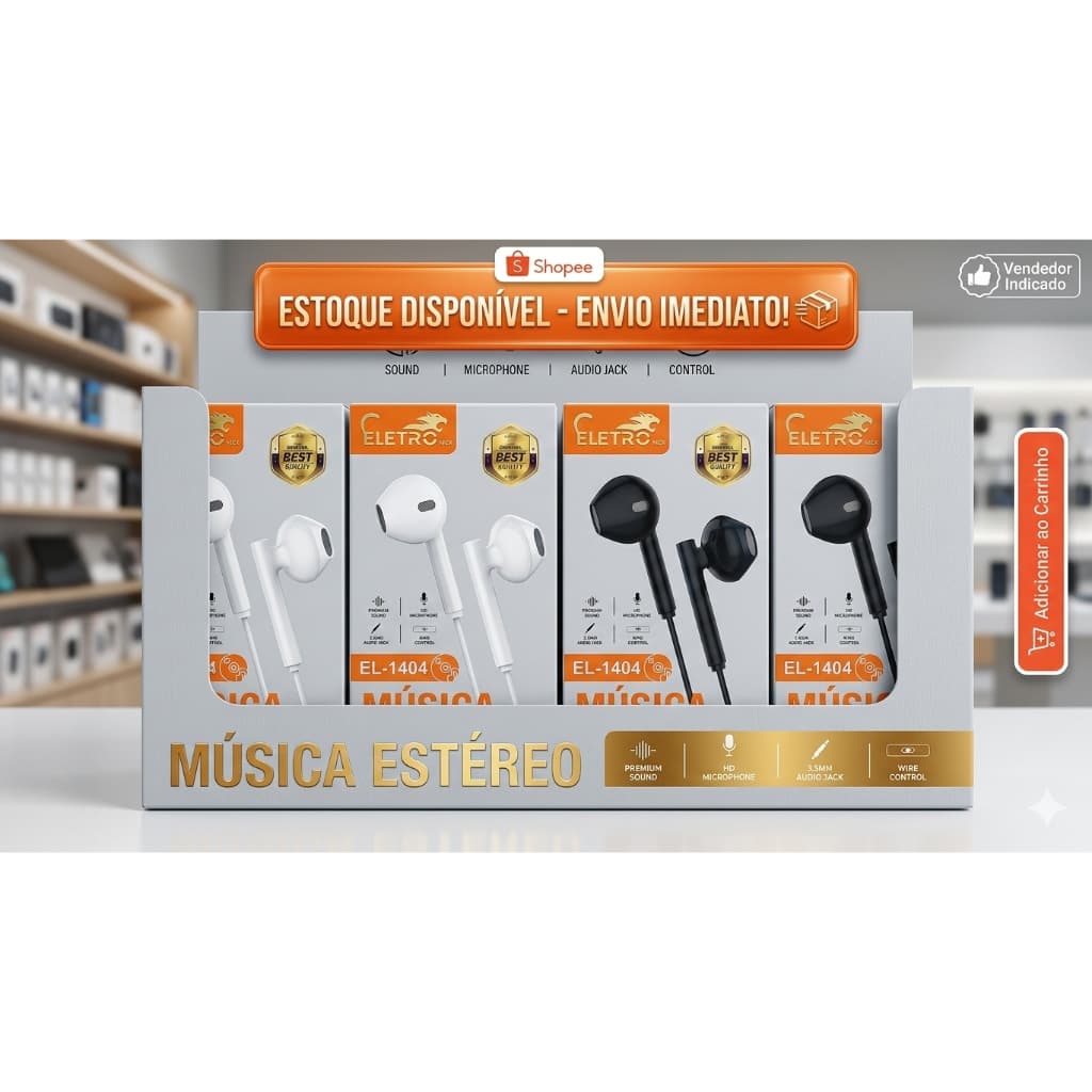 Fone de Ouvido P2 3.5mm Estéreo com Fio Eletromex – Som Potente, Confortável e Compatível com Celular, PC e Notebook