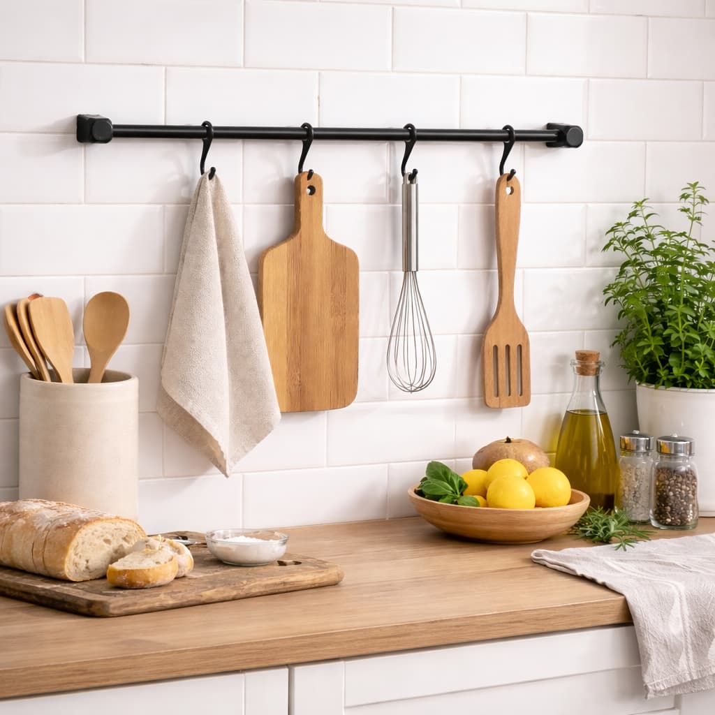 Barra Organizadora de Utensílios de Cozinha 60cm – Suporte de Parede com 4 Ganchos