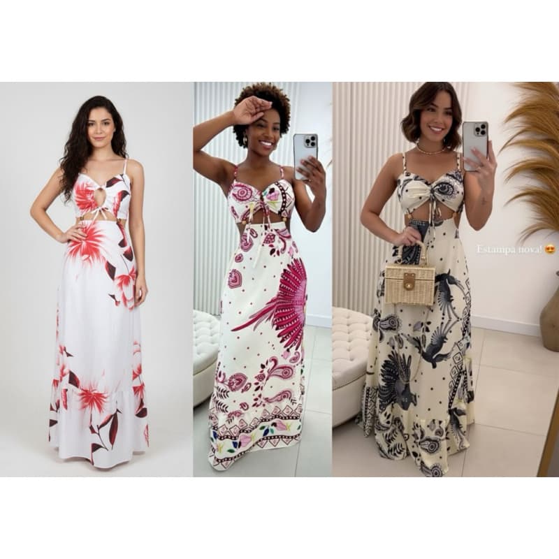 Vestido Longo Estampado feminino alça regulavel moda verão 2025 estampa exclusiva