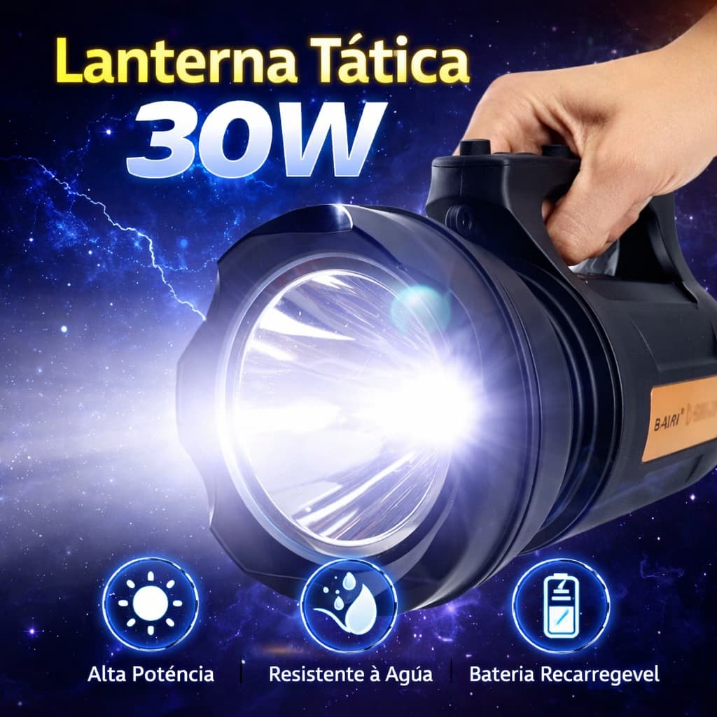 Holofote Lanterna T6 LED 30W Recarregável Alta Potência Bivolt Profissional Grande Longo Alcance Preta