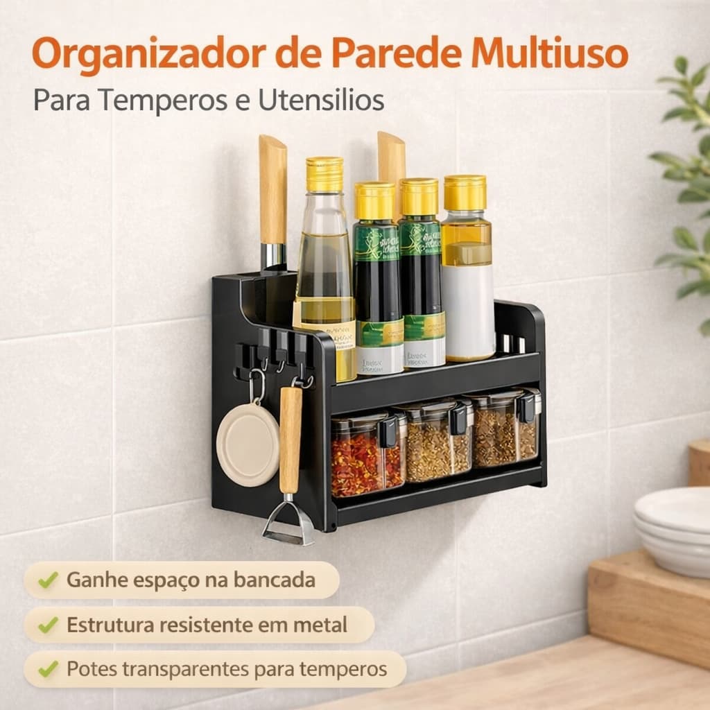 Organizador de Parede Multiuso para Cozinha | Porta Temperos e Utensílios