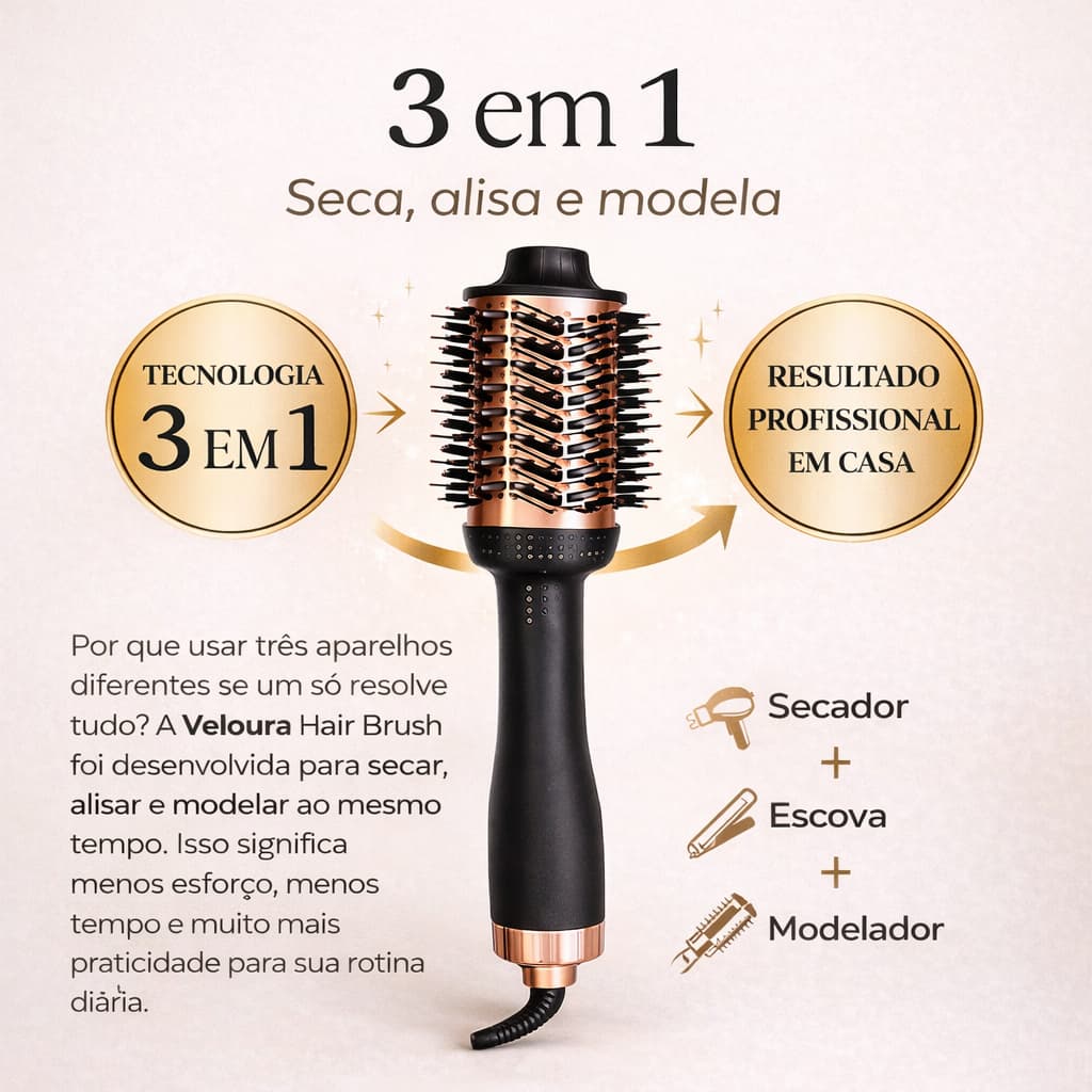 Escova Secadora 3 em 1 Profissional 1300W Bivolt Alisadora Modeladora Secador -  Anti Frizz Secagem Rápida
