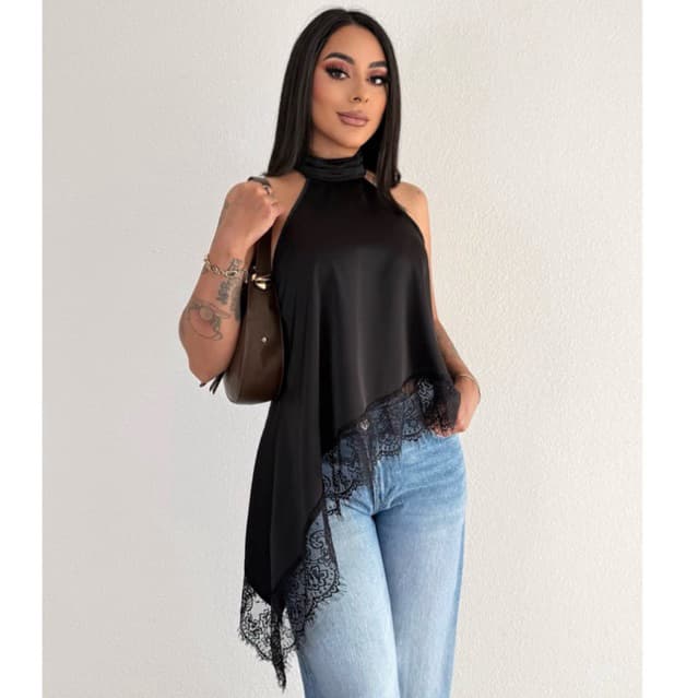 Blusa Feminina Gola Alta Assimétrica  Frente Única Com Renda Bata Elegante Tendência Inverno