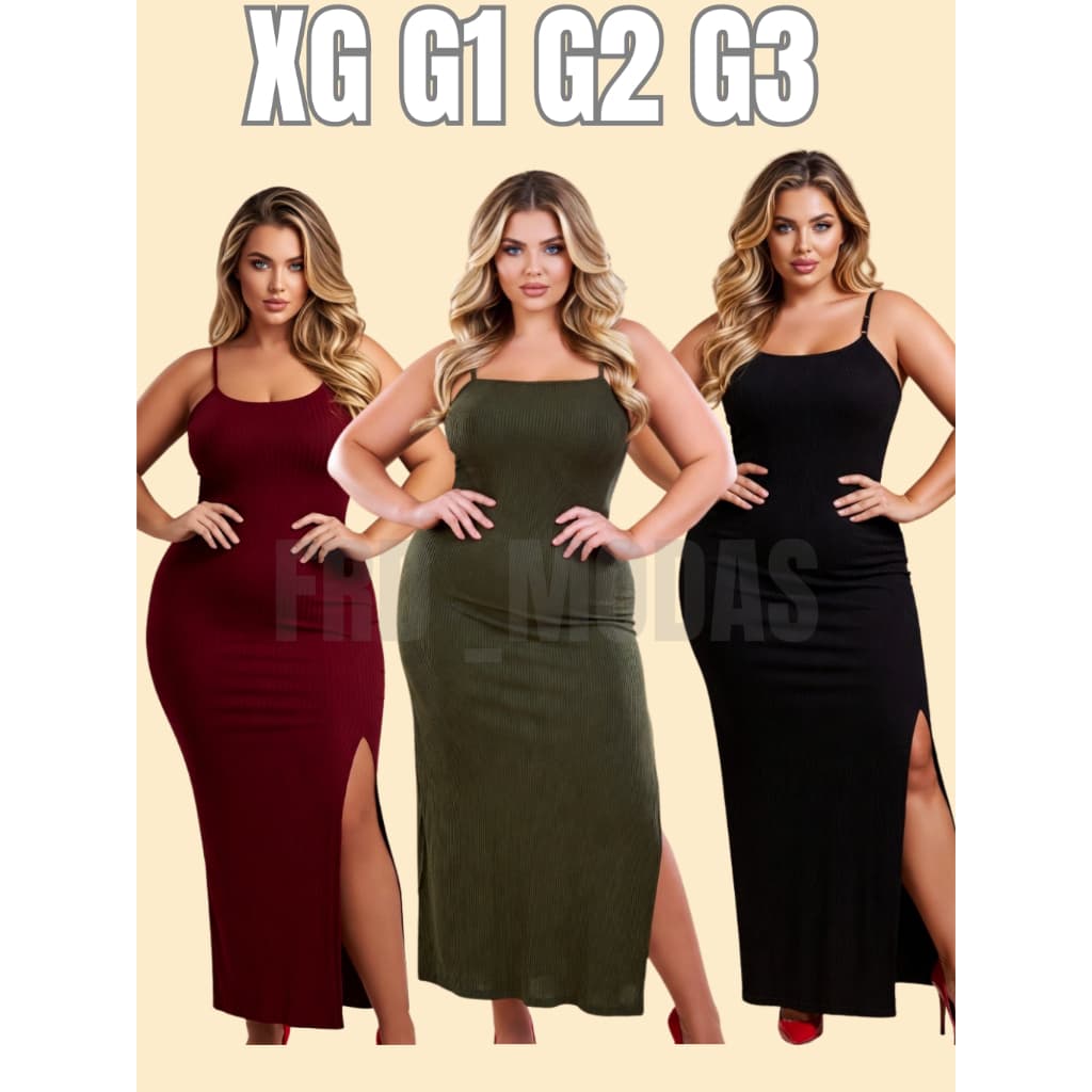 Kit 3 Vestido Longo Canelado Plus Size Verão com Fenda Lateral e Alcinha