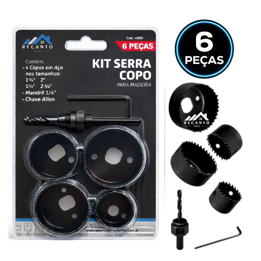 Kit Serra Copo 6 Peças p/ Madeira Gesso Drywall PVC + Mandril