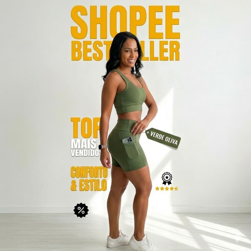Conjunto Fitness Top Shorts Meia Coxa Cintura Alta Verde Veste do M ao GG