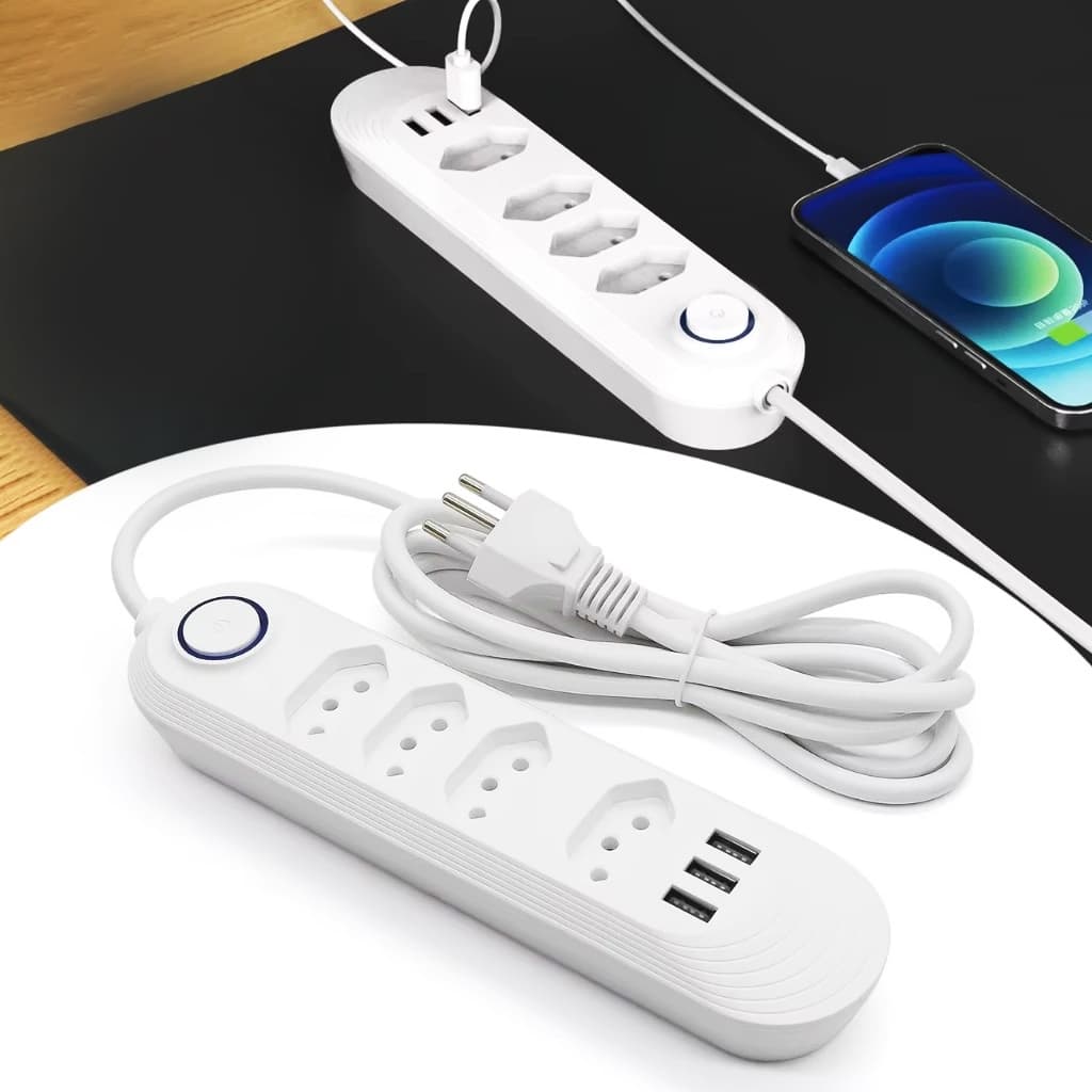 Régua Filtro de Linha com 5 Tomadas Extensão Elétrica 3 USB  2500W 10A 110v/220v Cabo de 2 Metros