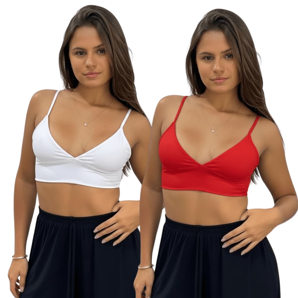 KIT 2 Top Cropped Feminino Alça Fina Decotado Duplo Suplex Premium Sem Bojo Carioca