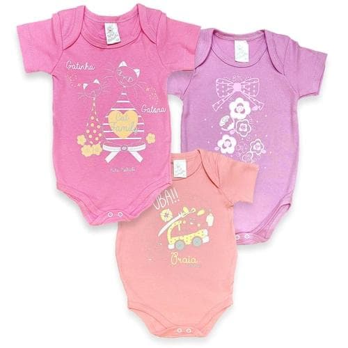 Kit com 3 Body Manga Curta Menina Bicho Molhado Sortidos RN-XG