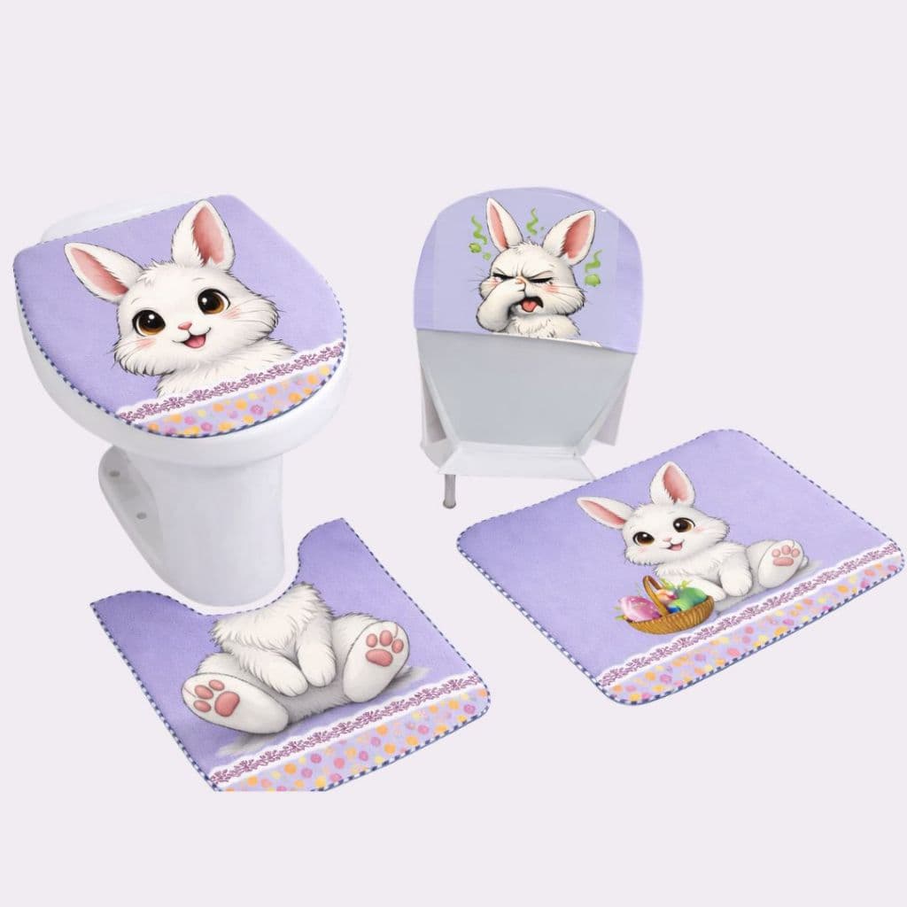Jogo De Banheiro Kit Tapete Conjunto 3 Peças Estampado Gato Pascoa Estampas Divertidas Tampa Vaso