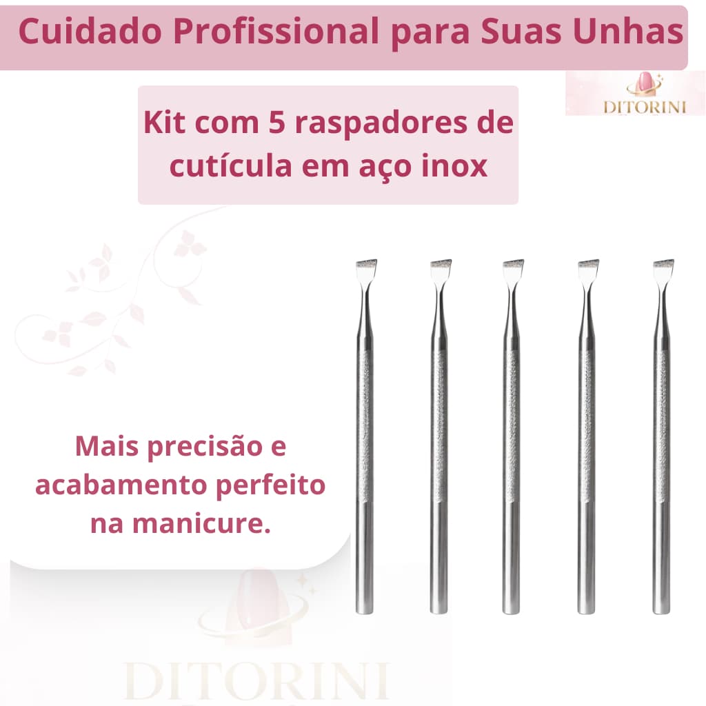 Kit 5 Raspadores de Cutícula Profissional Aço Inox Manicure Pedicure Esterilizável