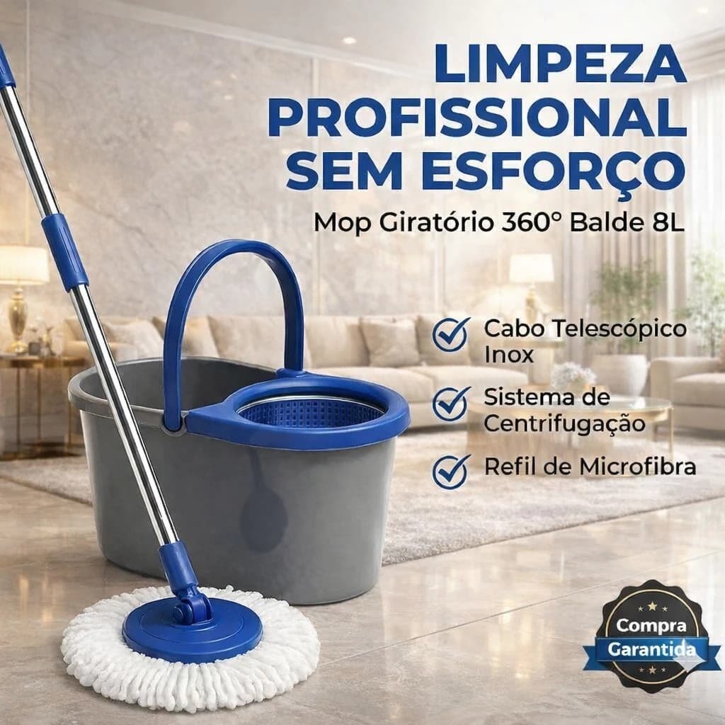 Mop Giratório Esfregão 360º Balde Duplo  Limpeza Vassoura Rodo Pano Chão Microfibra