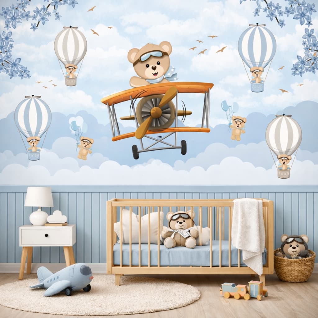 Papel de Parede Urso Aviador com Ripado Decoração Infantil Moderna e Charmosa