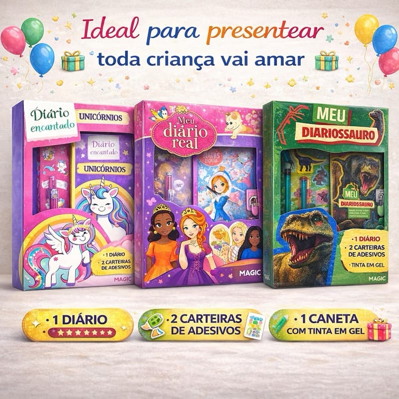 KIT DIÁRIO INFANTIL COM CANETA GEL E ADESIVOS | UNICÓRNIO / PRINCESAS / BARBIE | PRESENTE PERFEITO