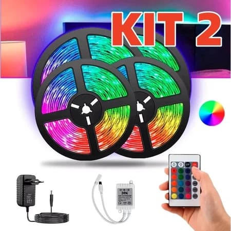 1/2/3/4 PCS Fita Led Rgb 3528 Colorida 5m + Controle+Fonte 300 Led Decoração Casa Loja Gesso Teto Sanca Vitrine