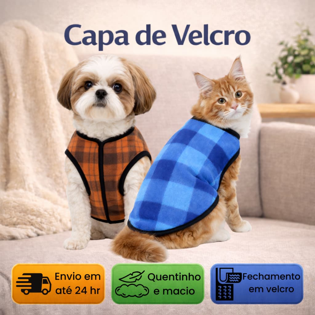 Roupa de Cachorro Inverno Capa Soft com Velcro Quentinha para Cães e Gatos Pequenos