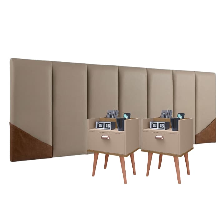 Jogo Kit 2 Mesas de Cabeceira Milena com Cabeceira Modular Estofada 45x20 cm Charme Para Quarto Luxo
